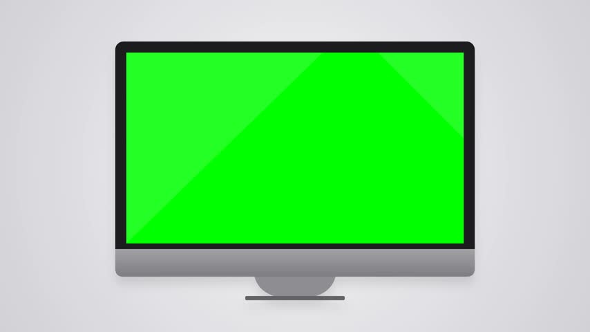 A high resolution digital computer monitor featuring a green screen chroma key background on a minimal grey studio setting for mockup display.