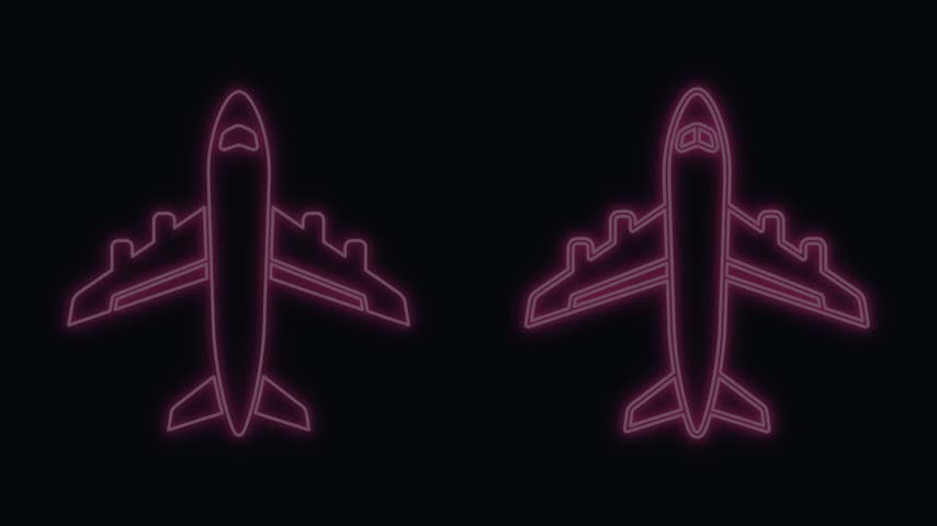 Glowing pink neon airplane silhouette icon on black background aircraft neon sign flight travel