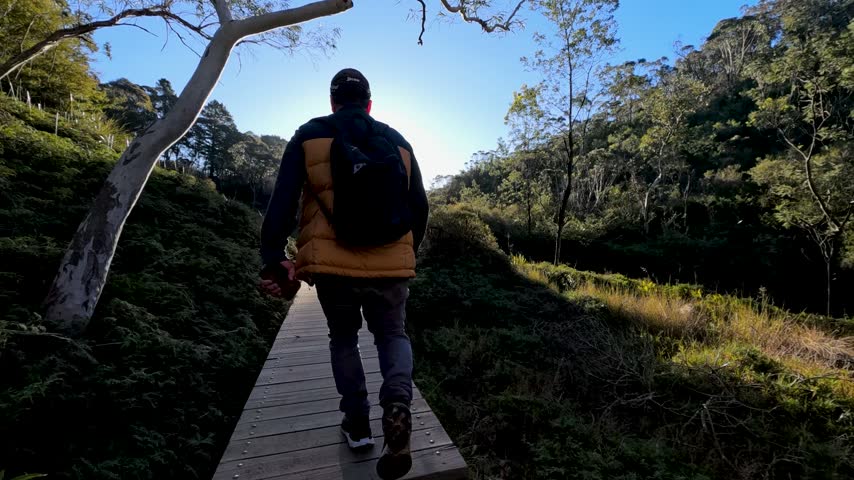 Rear view of a man hiking on a wooden path toward bright sunlight in Australia.