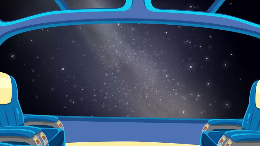 Starfield and Milky Way drift forward past the cockpit window of an animated futuristic spaceship.