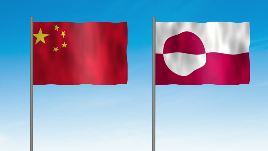 Flag of Greenland and China, Pole flag of Greenland and China on clear sky background. Greenland and China flag waving. 

