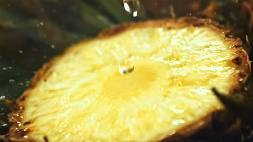 Fresh pineapple slice macro close up with water droplets dripping in slow motion, juicy tropical fruit background