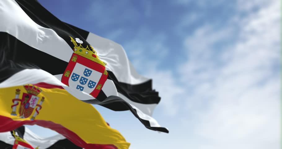 Ceuta and spanish national flags waving on a clear day. Spanish autonomous city. Seamless 3d render animation. Slow motion loop. Selective focus