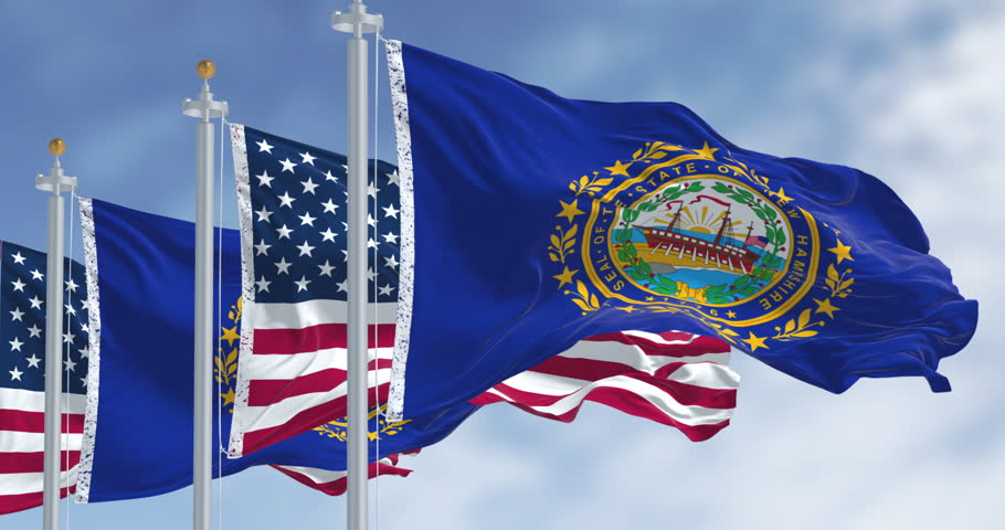 New Hampshire state flag waving in the wind with national US flag on a clear day. Dark blue background with a state seal in the middle. Seamless 3d render animation. Slow motion loop. Selective focus