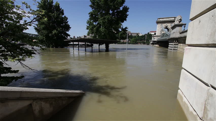 River Danube on its peak level at 891cm 8.91m 32.185ft in Budapest Hungary in June 2013. Largest flood in the city of the last 500 years.