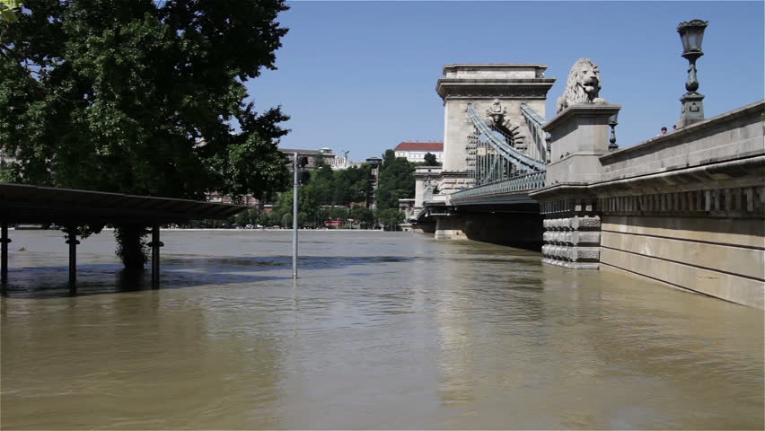 River Danube on its peak level at 891cm 8.91m 32.185ft in Budapest Hungary in June 2013. Largest flood in the city of the last 500 years.