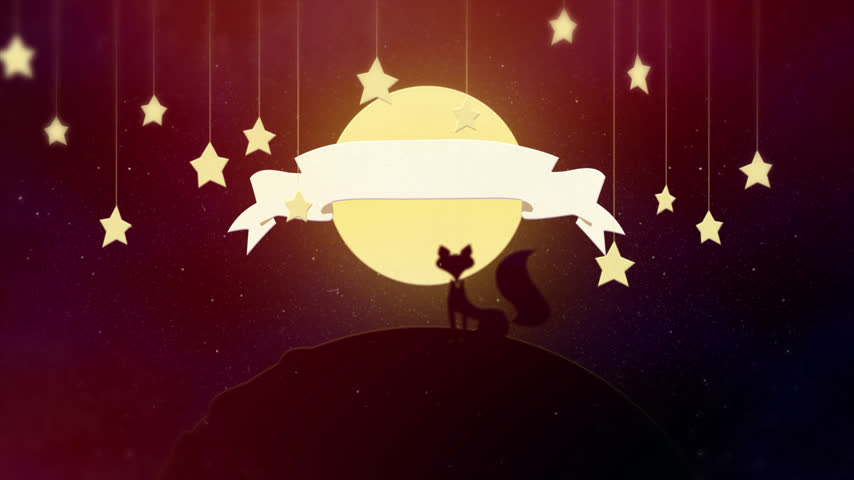 A whimsical animation featuring a fox silhouette standing on a hill under a large bright moon surrounded by hanging glowing stars and a blank ribbon banner for text