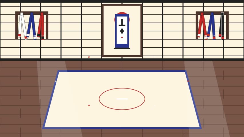 A karate-themed motion graphics video featuring a karate training area.