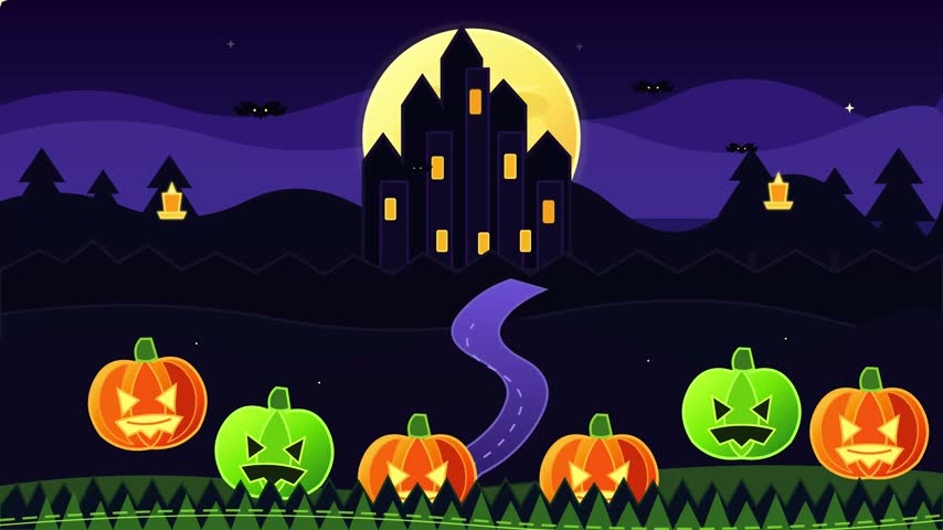 Animated spooky halloween night scene with glowing pumpkins and dark castle under full moon in sky.