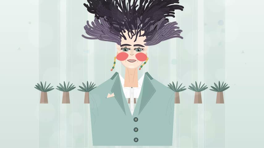 2D animation of a stylized businesswoman with elaborate abstract dark hair wearing a teal suit jacket against a soft background with potted palm trees