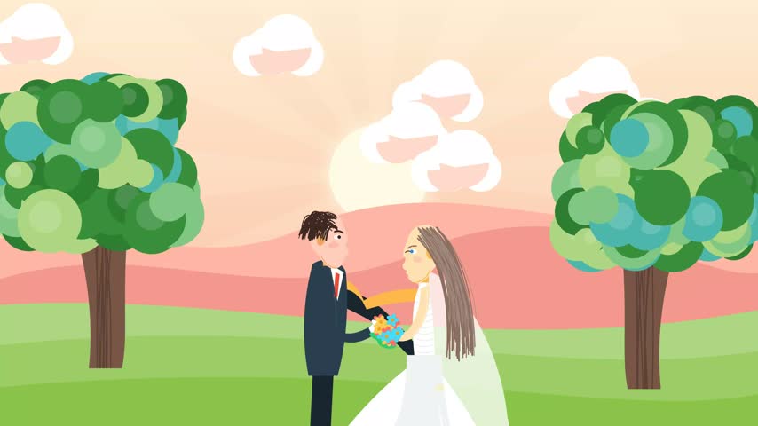 2D animation of a bride and groom standing in a park holding a bouquet of flowers during a wedding photoshoot