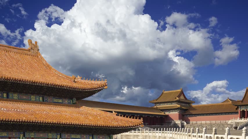 Forbidden City (against the sky with clouds), Beijing, China -- was the Chinese imperial palace from the Ming Dynasty to the end of the Qing Dynasty. 4K, time lapse 