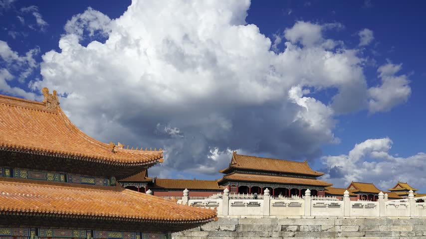 Forbidden City (against the sky with clouds), Beijing, China -- was the Chinese imperial palace from the Ming Dynasty to the end of the Qing Dynasty. 4K, time lapse 
