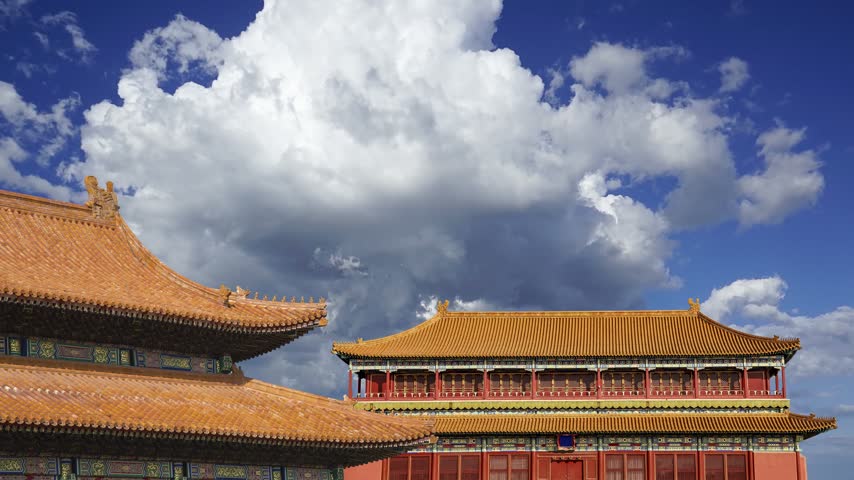 Forbidden City (against the sky with clouds), Beijing, China -- was the Chinese imperial palace from the Ming Dynasty to the end of the Qing Dynasty. 4K, time lapse 