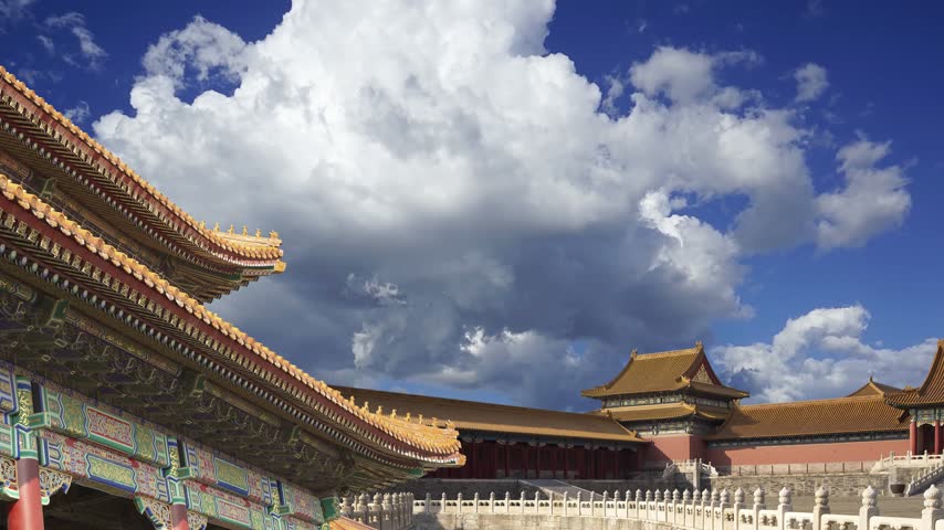 Forbidden City (against the sky with clouds), Beijing, China -- was the Chinese imperial palace from the Ming Dynasty to the end of the Qing Dynasty. 4K, time lapse 