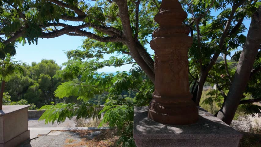 A steady shot of tree and a rusted light post base