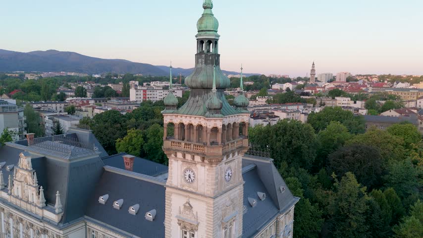 Bielsko-Biala, Poland. Aerial drone view of Bielsko-Biala historic Town Hall
