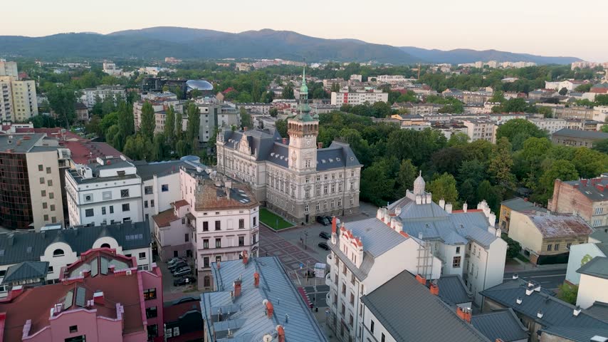 Bielsko-Biala, Poland. Aerial drone view of Bielsko-Biala historic Town Hall
