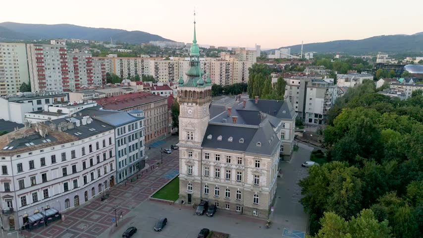 Bielsko-Biala, Poland. Aerial drone view of Bielsko-Biala historic Town Hall