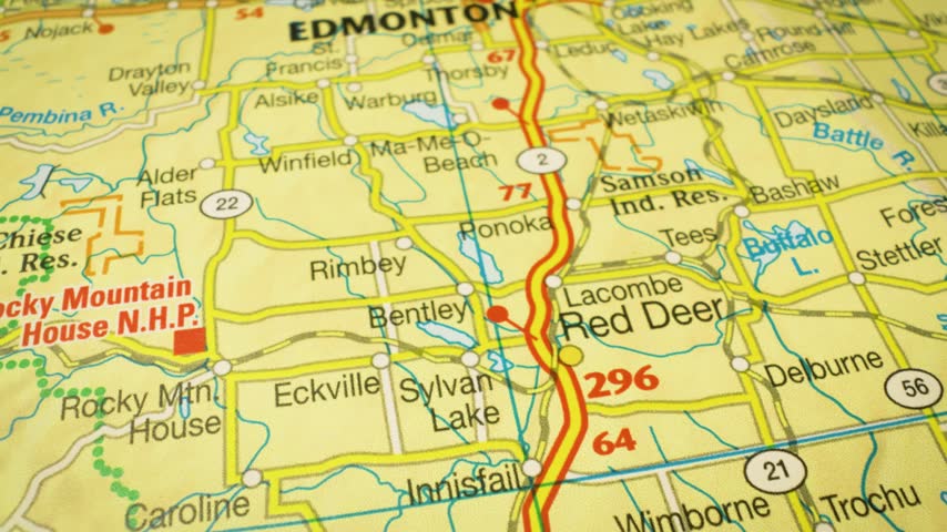 Road network leading to Edmonton, Canada – gliding view over an atlas map