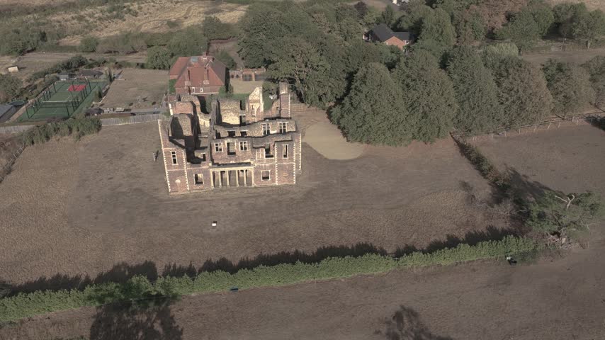 Aerial View of Houghton House in Bedfordshire England UK, Abandoned Ruins of Old Mansion, Drone Shot