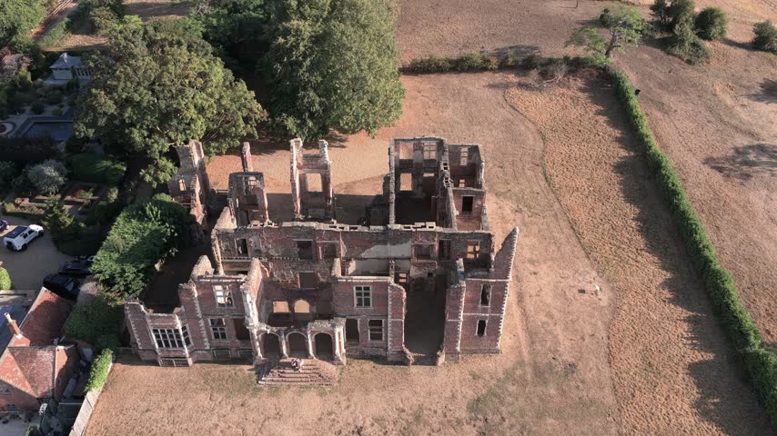 Drone Shot of Abandoned Ruins of Houghton House, Old Mansion and Landmark of Bedfordshire England UK