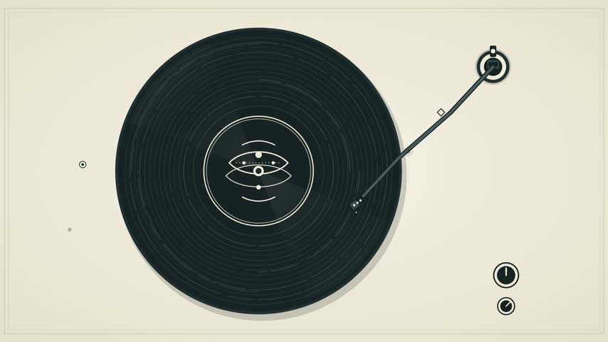 Top view of a minimalist turntable playing a spinning vinyl record