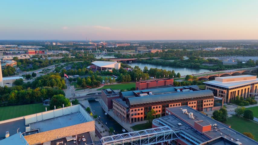 Aerial view over the Indiana State Museum towards White River State Park in Indianapolis