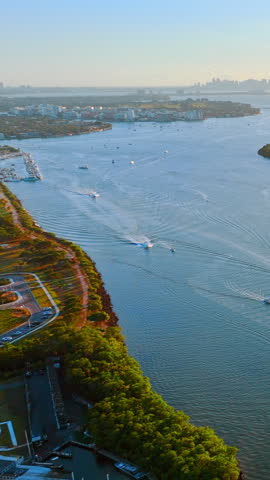 Aerial view of Biscayne Bay waterway and boats, Miami, Florida. Wakes trail across water beside green shoreline park and distant skyline. Vertical video.