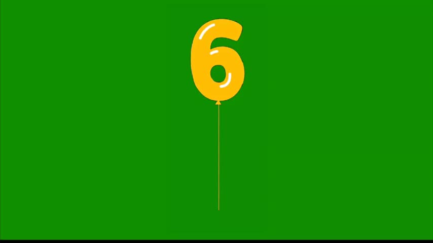 Animated yellow number six balloon floating on green screen background with string for birthday celebration anniversary countdown clip