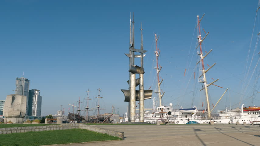 GDYNIA, POLAND - AUGUST 12 2019: The Three Masts Monument in Gdynia city, Poland