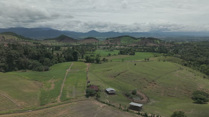 Peaceful aerial view of green hills and forest under a dramatic wide sky with distant city lights.
