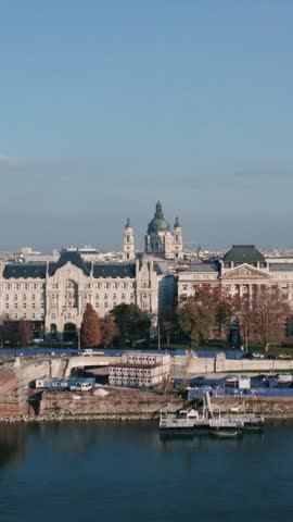 Aerial footage flying over Budapest towards St. Stephen