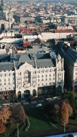 Aerial drone footage showing Gresham Palace and downtown Budapest with St. Stephen