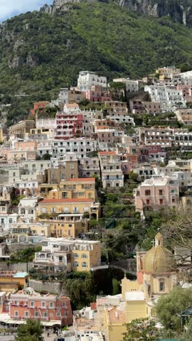 Positano town with beautiful villas on the steep mountain slopes, Amalfi Coast, Campania, Italy