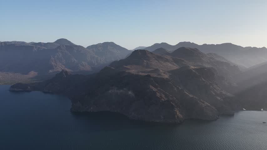 Aerial view of rugged coastal mountains and islands in the Sea of Cortez.