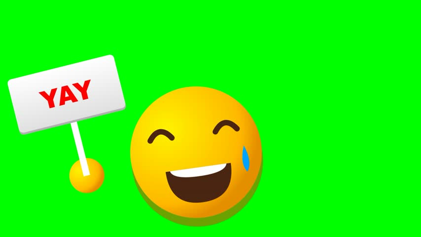 Animated laughing yellow face emoji showing tears of joy and holding up a placard with text yay on bright chroma key background.