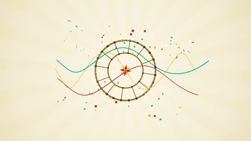 Rotating ferris wheel with abstract wave lines and confetti celebration motion carnival amusement park