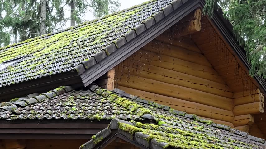 A house with moss growing on the roof, a natural habitat for many species.
