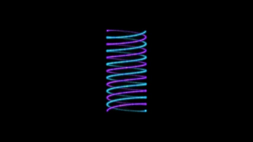 Abstract animation features glowing neon light coils expanding into swirling particles on dark canvas backdrop.