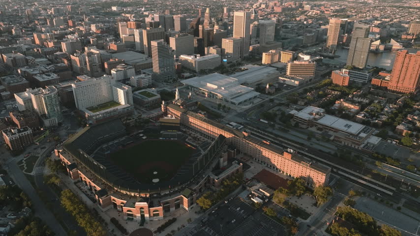 Aerial view of Camden Yards on a summer day. Shot in Baltimore, Maryland.