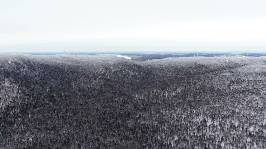 Aerial view of snow-covered boreal forest hills with distant wind turbines under an overcast sky at Massif du Sud in Quebec, Canada.