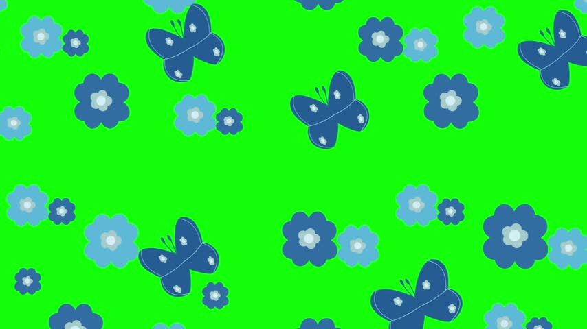 This video features a whimsical animation of blue butterflies and flowers drifting across a vibrant green screen background in a seamless loop