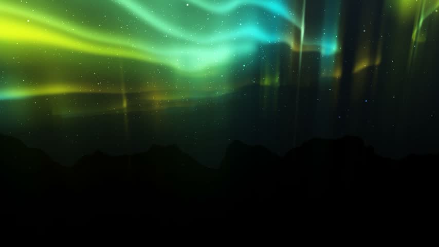 This video captures a mesmerizing display of green and yellow northern lights swirling across a star-filled night sky above jagged mountain silhouettes