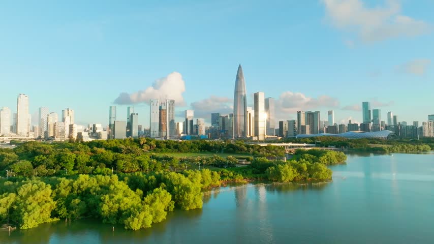 Aerial view of slender skyline tower beyond park lawns and bridges in Shenzhen, Guangdong, China. The scene features China Resources Tower. Relevant to architecture and urban planning.
