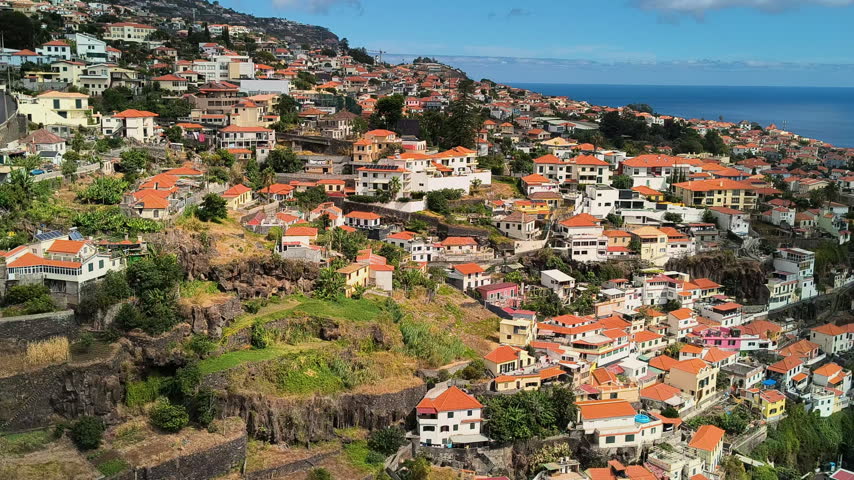 Panoramic view of colorful hillside houses, lush gardens under a bright blue sky in Funchal, Madeira, Portugal.