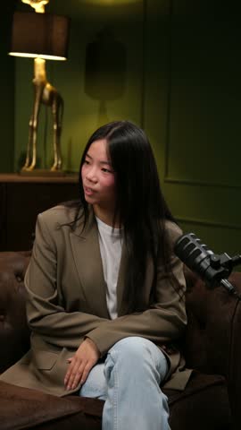Confident Asian woman sitting on a couch and speaking into a microphone during a podcast recording
