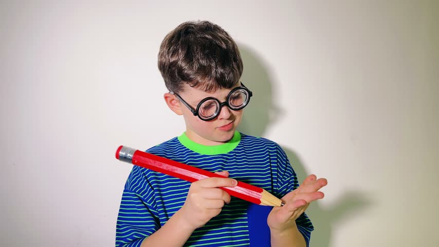 Smart child thinking hard, writing on his hand and scratching his head with an oversized red pencil