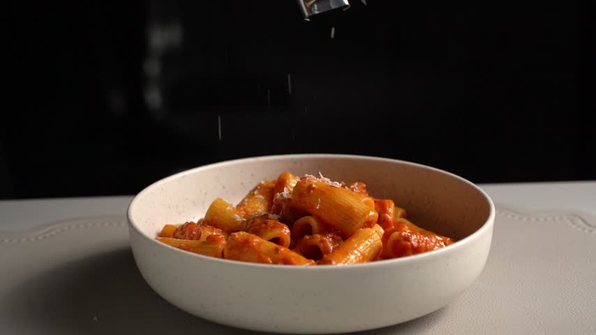 Sprinkling grated cheese over pasta