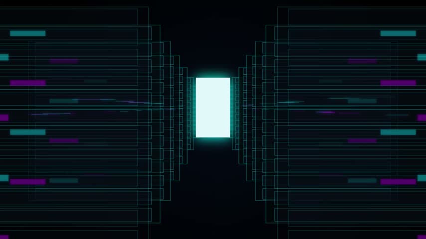 "Futuristic 4K sci-fi motion video background featuring a radiant glowing cyan light portal at the end of a dark cyber corridor flanked by digital grid server structures. Perfect for technology presentations, artificial intelligence visuals, cybersecurity intros, big data network concepts, gaming streaming backdrops, and modern sci-fi video projects."   